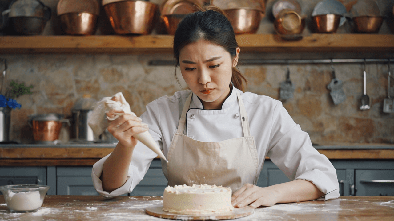 Gen4 Traditional woman pastry chef frustrated while decorating a cake in a rustic kitc a-2, 25737778